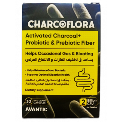 CHARCOFLORA 2 BILLION CFU ACTIVATED CHARCOAL + PROBIOTIC + PREBIOTIC FIBER DIETARY SUPPLEMENT 30 HARD GELATIN CAPSULES